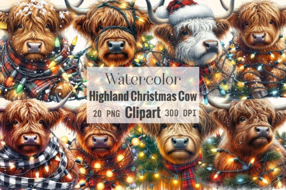 Baby Highland Cow Christmas Lights PNG for Illustrations
