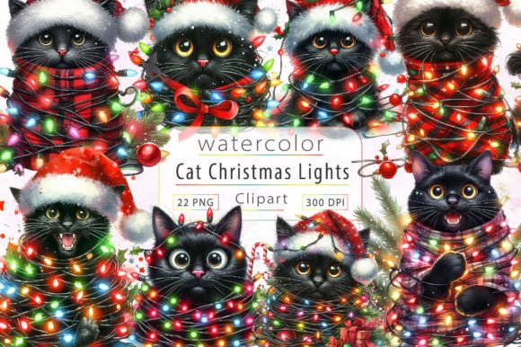 Cat Wrapped in Christmas Lights Bundle for Festive Illustrations