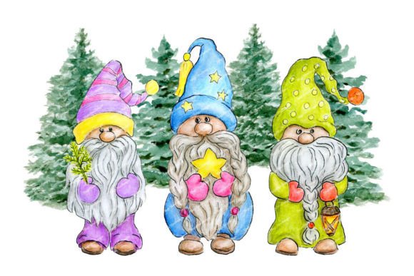 Christmas Gnomes Fir Tree Watercolor PNG for Brand Illustrations