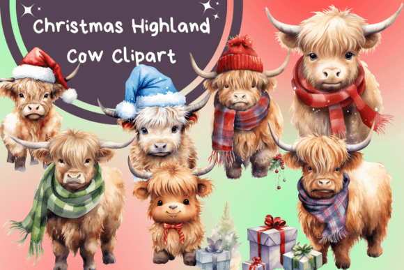 Christmas Highland Cow Clipart for Holiday Illustrations