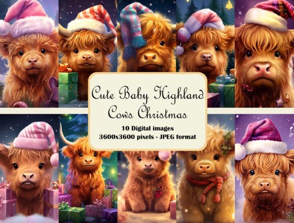 Cute Baby Highland Cows Christmas Bundle Illustrations