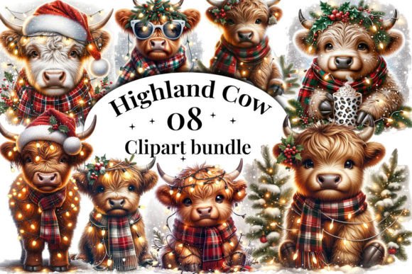 Cute Christmas Highland Cow Clipart for Illustrations