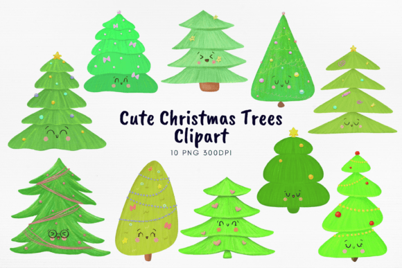 Cute Christmas Trees Kawaii PNG Bundle for Modern Illustrations