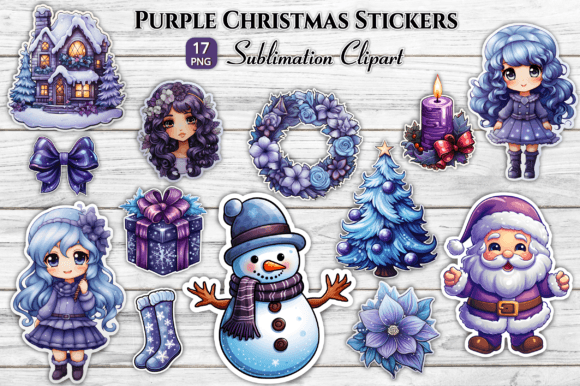 Cute Purple Christmas Stickers Bundle for Modern Illustrations