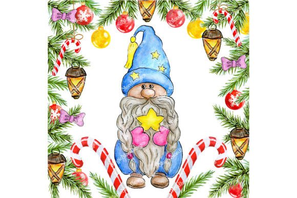 Gnome with Christmas Star, Spruce Frame for Illustrations