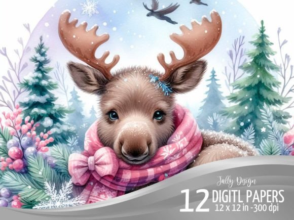 Moose at Christmas Watercolor Painting for Illustrations