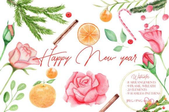 New Year, Christmas Watercolor Clipart for Illustrations