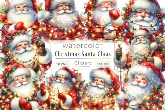 Santa Claus Wrapped in Christmas Lights: Premium Illustrations for Holiday Branding