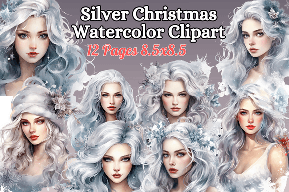 Silver Christmas Watercolor Clipart for Modern Illustrations