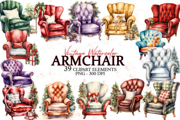 Vintage Christmas Armchair Watercolor for Seasonal Illustrations