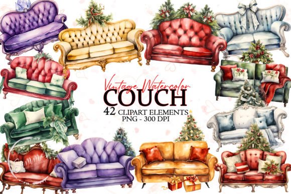 Vintage Christmas Couch Watercolor Png for Illustrations