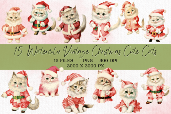 Vintage Christmas Cute Cat Clipart for Holiday Illustrations