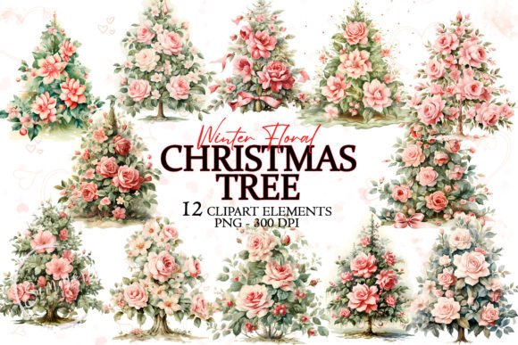 Vintage Pink Roses Floral Christmas Tree Illustrations