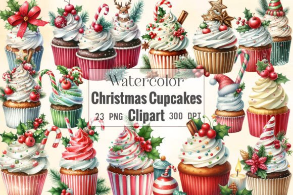 Watercolor Christmas Cupcakes Clipart Review