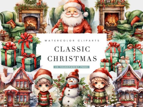 Watercolor Classic Christmas Clipart for Holiday Illustrations