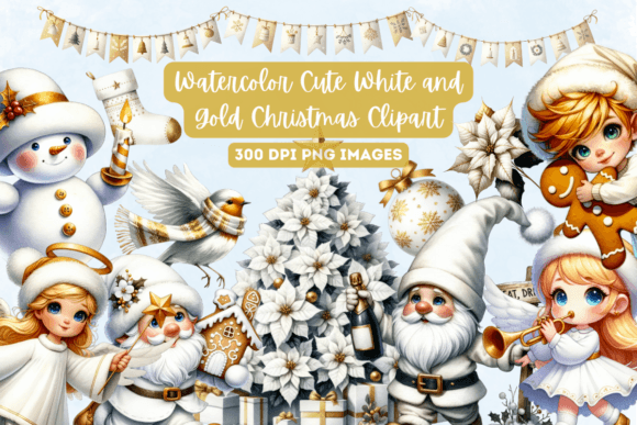 Watercolor Cute White and Gold Christmas Illustrations Review